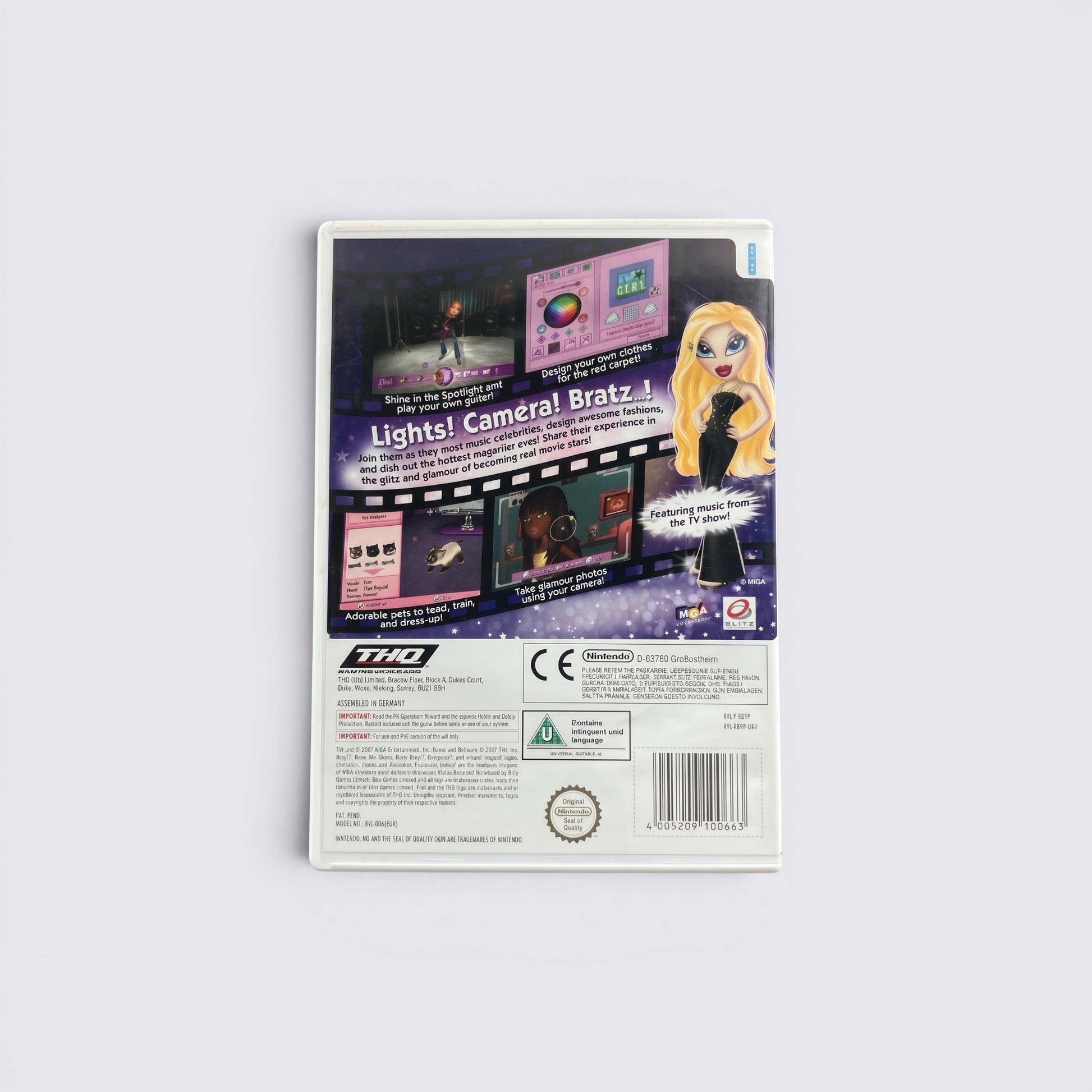 Back cover of MrPixel Bratz The Movie Wii game featuring character art, gameplay screenshots, and product information.
