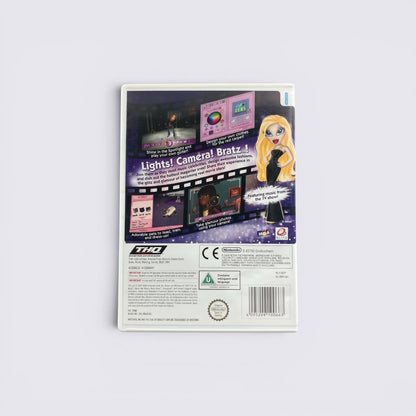 Back cover of MrPixel Bratz The Movie Wii game featuring character art, gameplay screenshots, and product information.