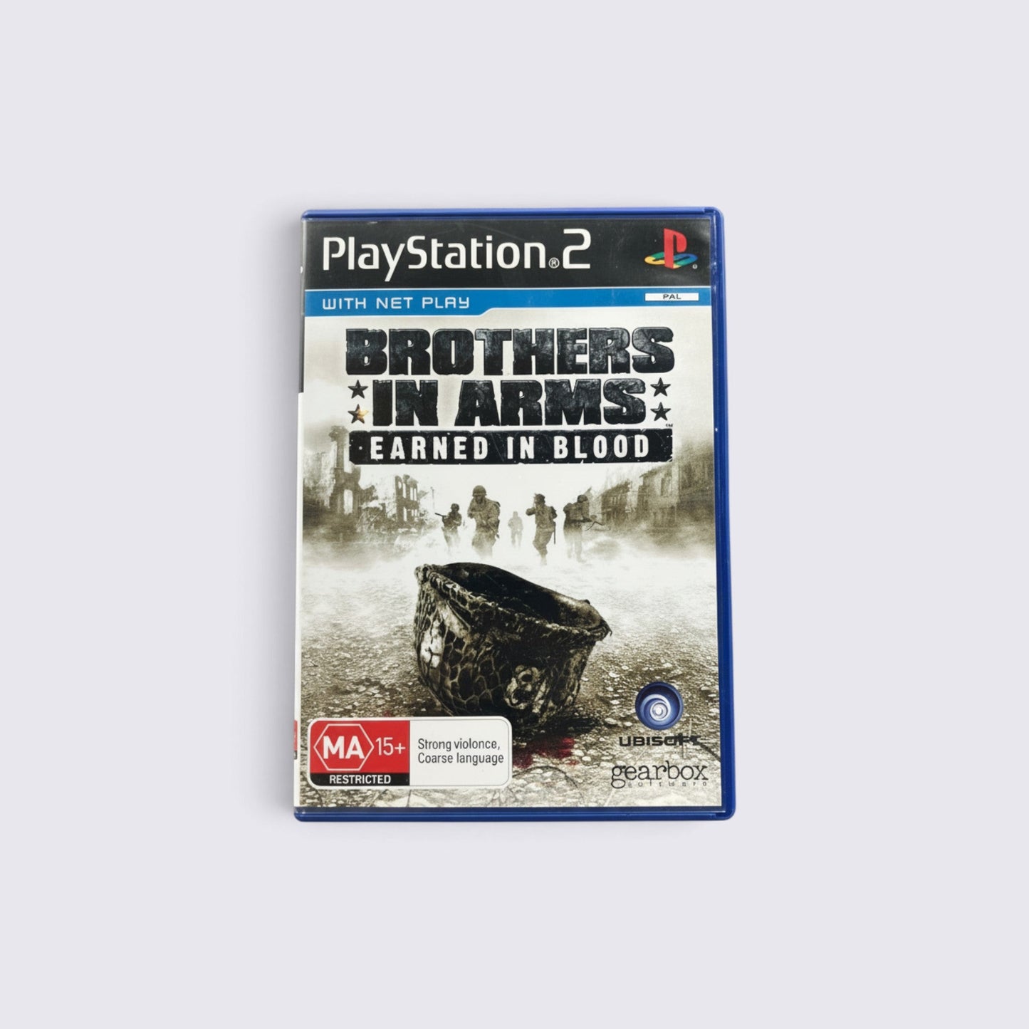 MrPixel Brothers in Arms Earned in Blood PlayStation 2 game case featuring a battlefield scene and combat helmet