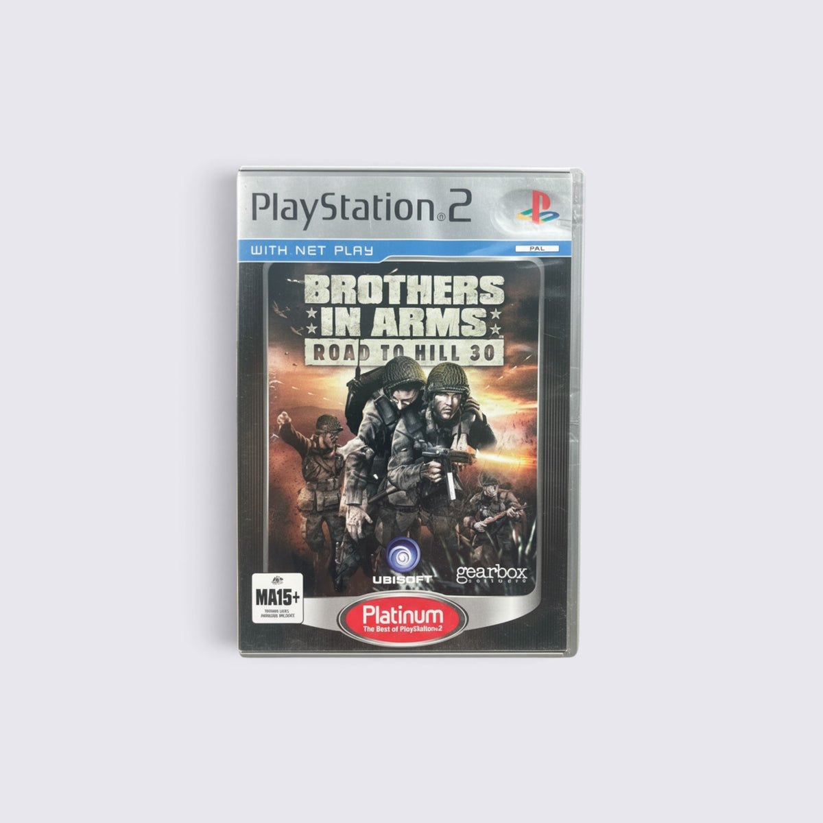 MrPixel Brothers in Arms Road to Hill 30 Platinum edition game case for PlayStation 2 featuring WWII soldier art.