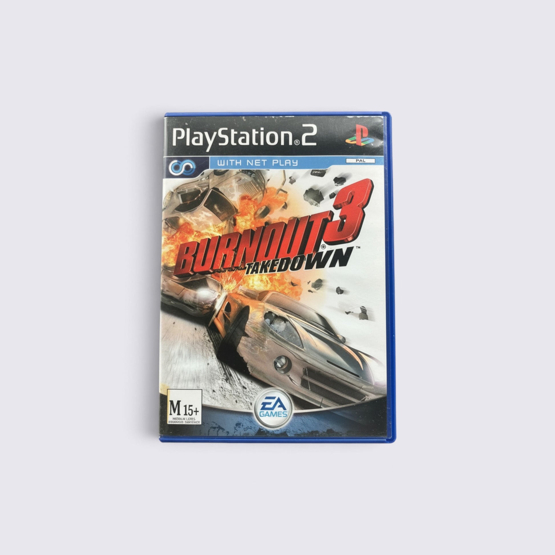 MrPixel Burnout 3: Takedown PlayStation 2 game case featuring explosive car crash artwork and high-speed racing theme.