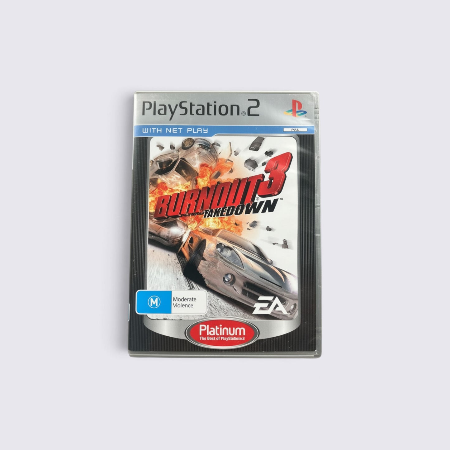 MrPixel Burnout 3: Takedown Platinum edition video game case for PlayStation 2 featuring high-speed racing art.