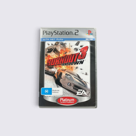 MrPixel Burnout 3: Takedown Platinum edition video game case for PlayStation 2 featuring high-speed racing art.