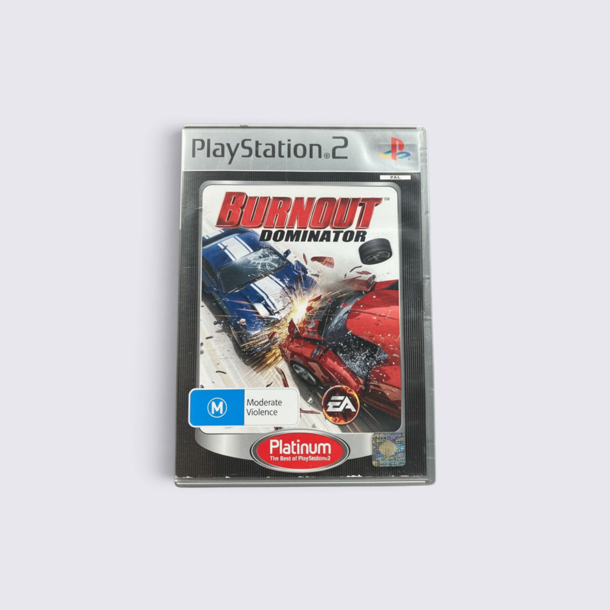 MrPixel Burnout Dominator Platinum edition video game for PlayStation 2 featuring high-speed car crash cover art