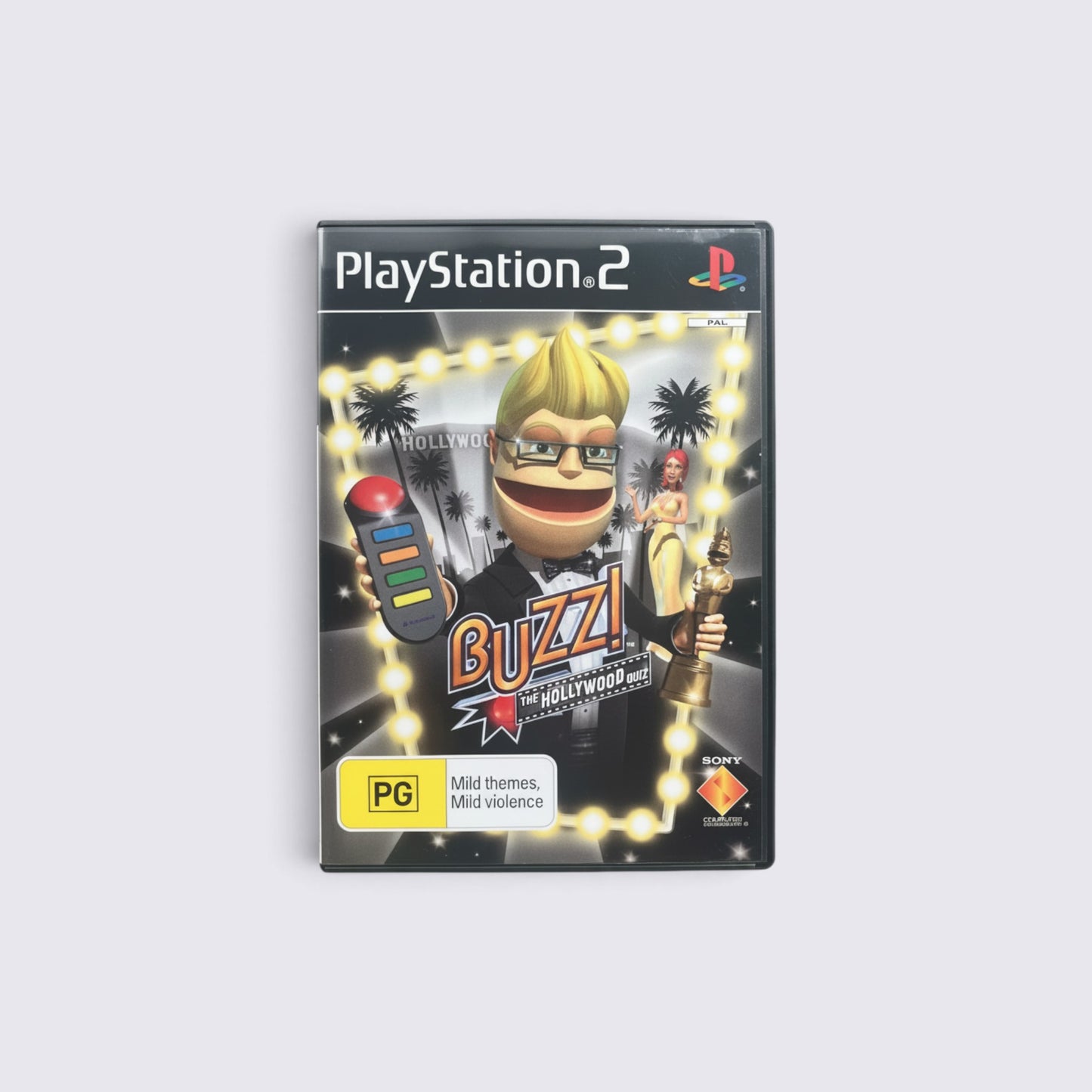 MrPixel Buzz! The Hollywood Quiz PlayStation 2 game case featuring the host and film-themed graphics.