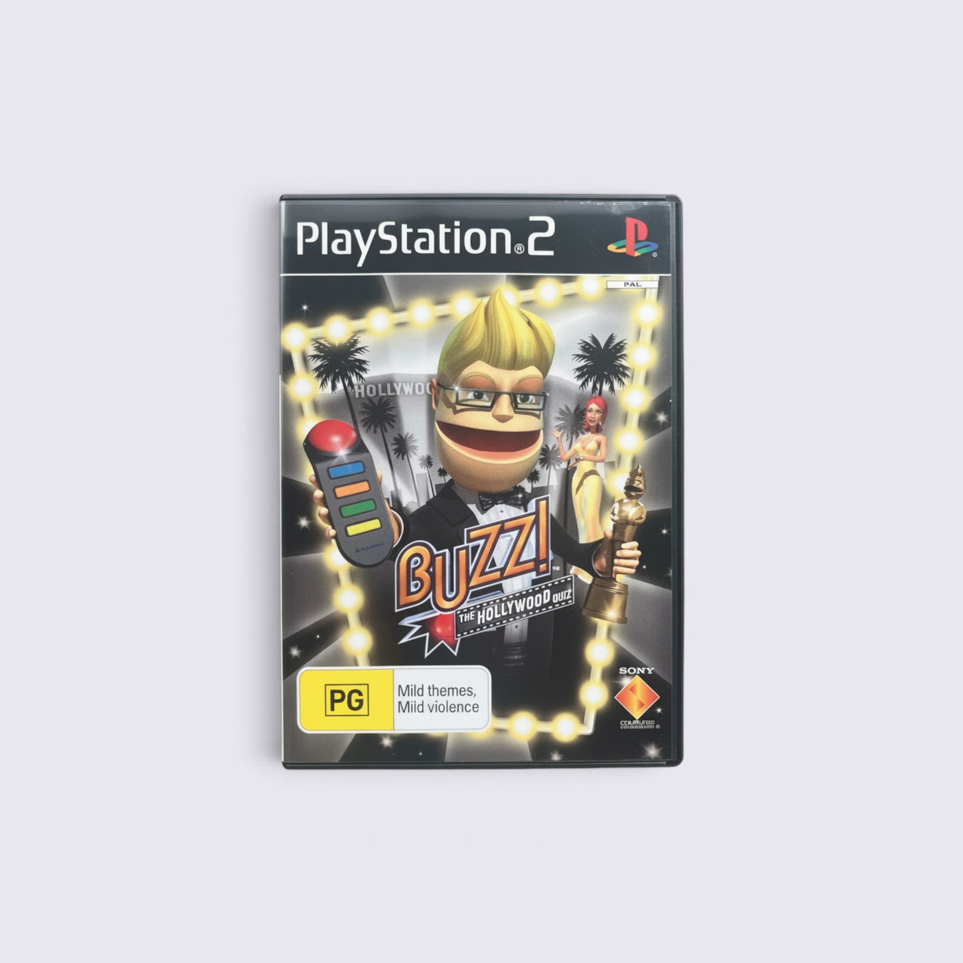 MrPixel Buzz! The Hollywood Quiz PlayStation 2 game case featuring the host and film-themed graphics.