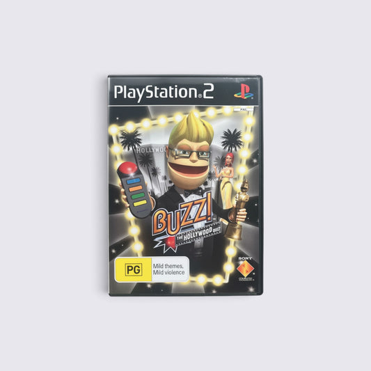 MrPixel Buzz! The Hollywood Quiz PlayStation 2 game case featuring the host and film-themed graphics.