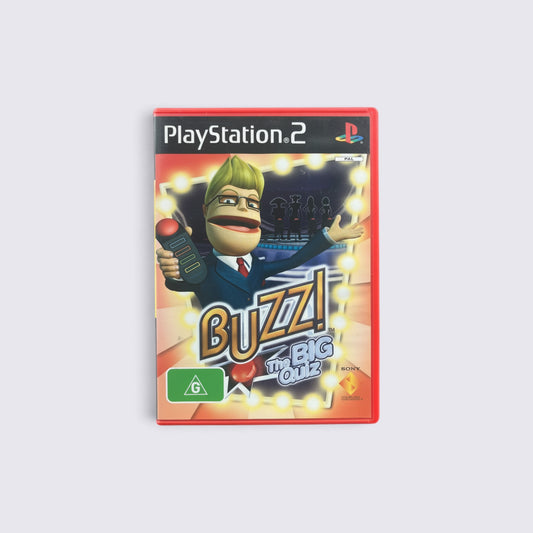 MrPixel Buzz! The Big Quiz PlayStation 2 game case featuring the host character on a vibrant game show background.