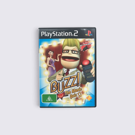MrPixel Buzz! The Music Quiz PlayStation 2 game case featuring the game show host and contestant on the cover art.