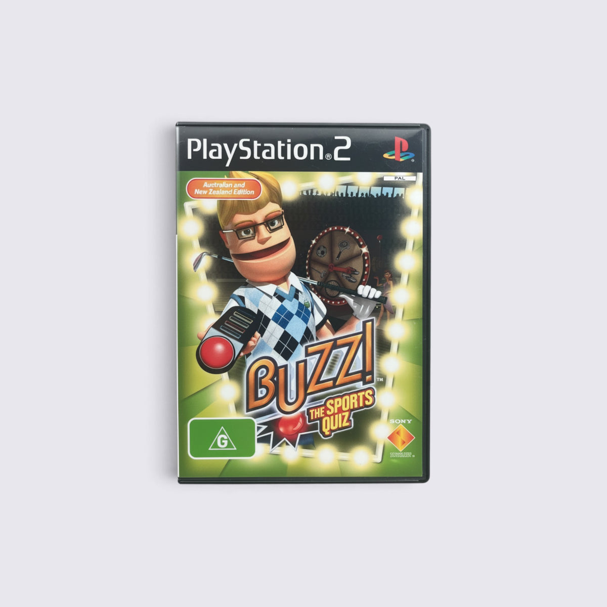 MrPixel Buzz! The Sports Quiz PlayStation 2 game case featuring a puppet character and game show stage graphics.