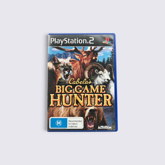MrPixel Cabela's Big Game Hunter PlayStation 2 game case featuring mountain lion, elk, ram, and bear artwork.