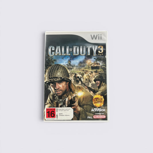 MrPixel Call of Duty 3 video game case for Nintendo Wii featuring WWII soldiers in combat on the cover art.