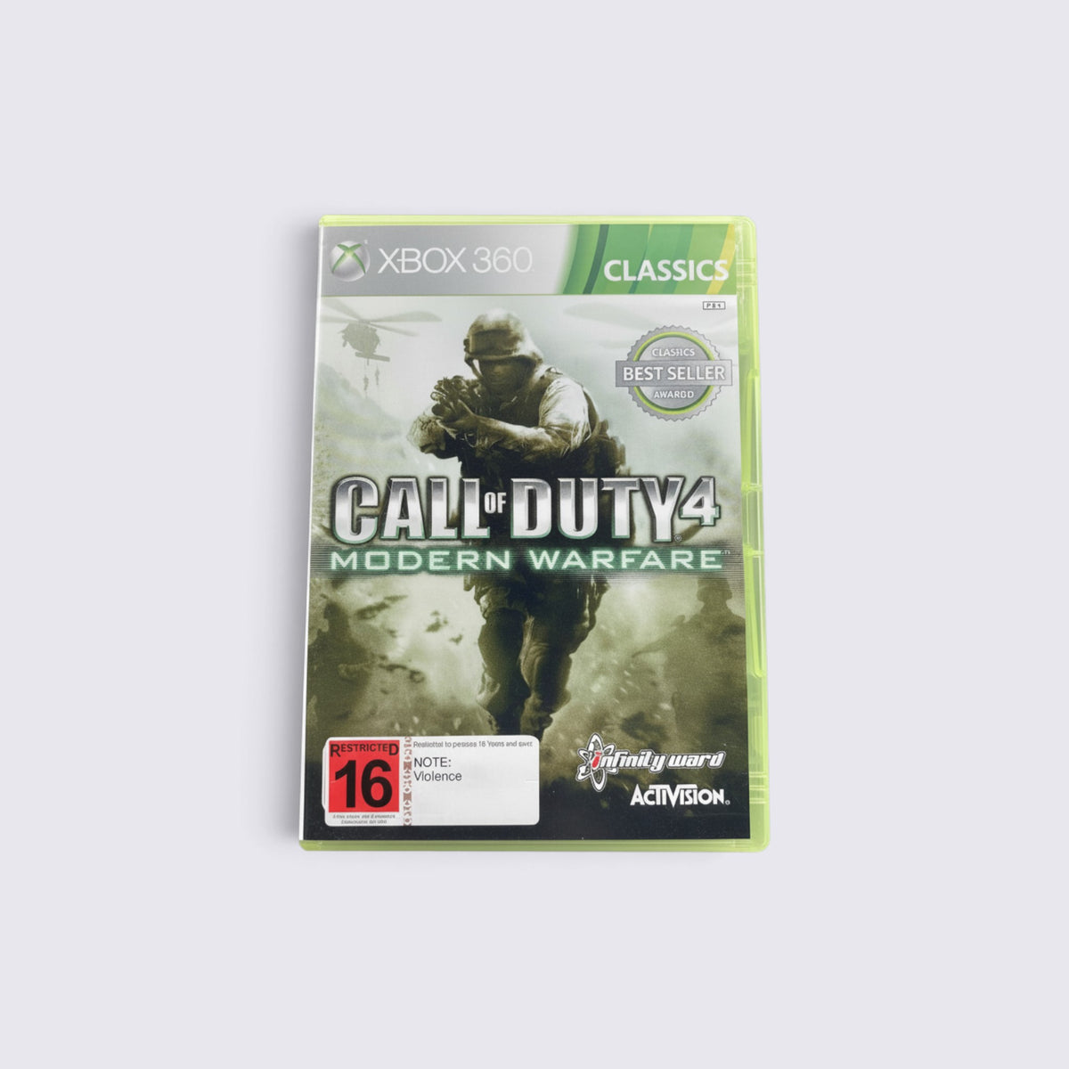 MrPixel Call of Duty 4 Modern Warfare Classics Xbox 360 game case featuring a soldier in a combat zone