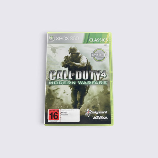 MrPixel Call of Duty 4 Modern Warfare Classics Xbox 360 game case featuring a soldier in a combat zone
