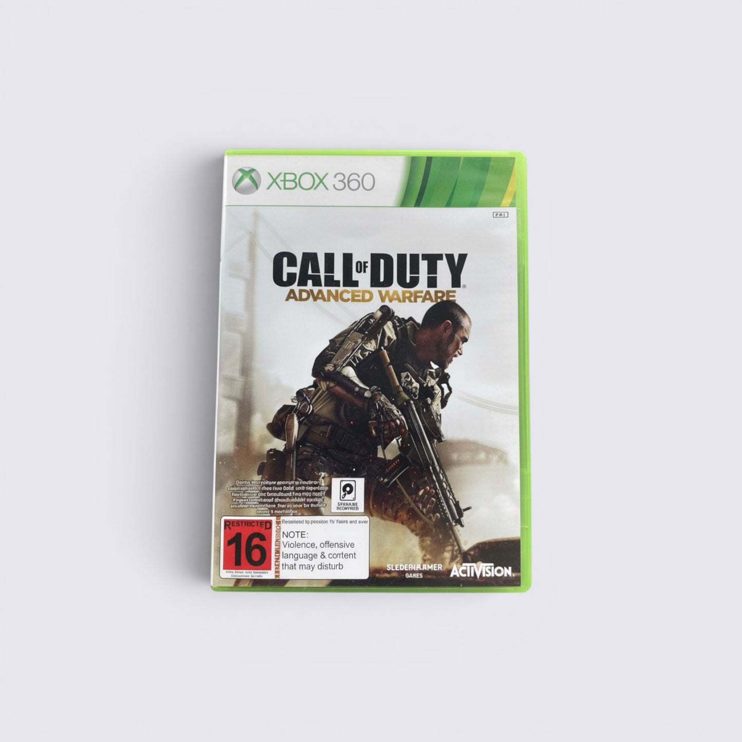 MrPixel Call of Duty: Advanced Warfare Xbox 360 game case featuring a soldier in an exoskeleton suit.