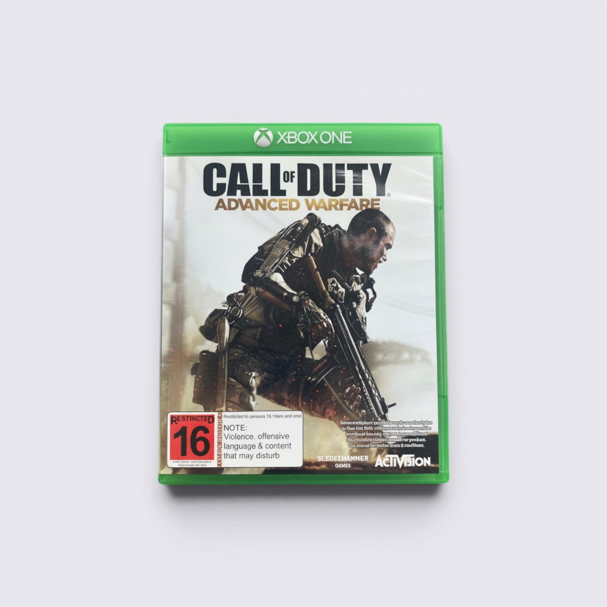 MrPixel Call of Duty: Advanced Warfare Xbox One game case featuring a soldier in a futuristic exoskeleton suit.