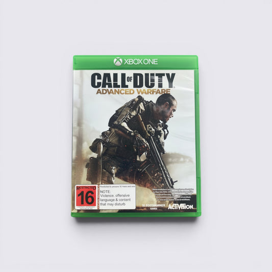 MrPixel Call of Duty: Advanced Warfare Xbox One game case featuring a soldier in a futuristic exoskeleton suit.