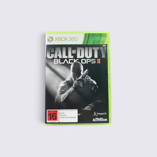 MrPixel Call of Duty Black Ops 2 video game for Xbox 360 with a soldier holding a handgun on the cover art