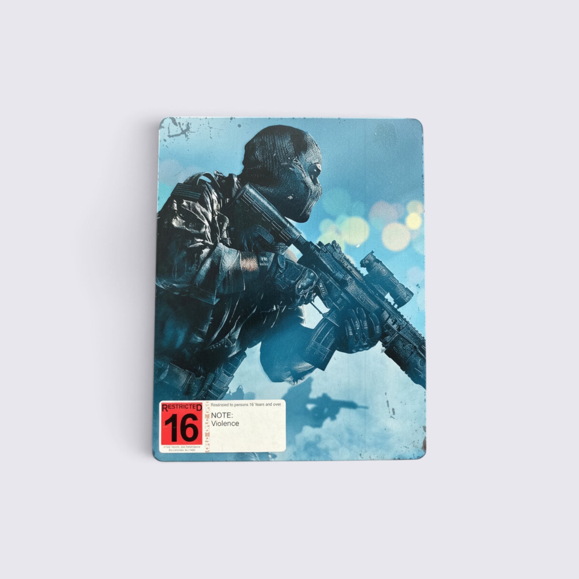MrPixel Call of Duty: Ghosts metal case game for PlayStation 3 featuring a soldier in a mask on a blue background.