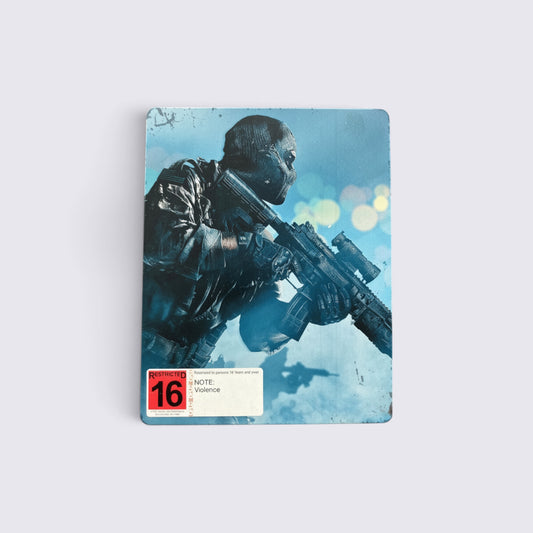 MrPixel Call of Duty: Ghosts metal case game for PlayStation 3 featuring a soldier in a mask on a blue background.