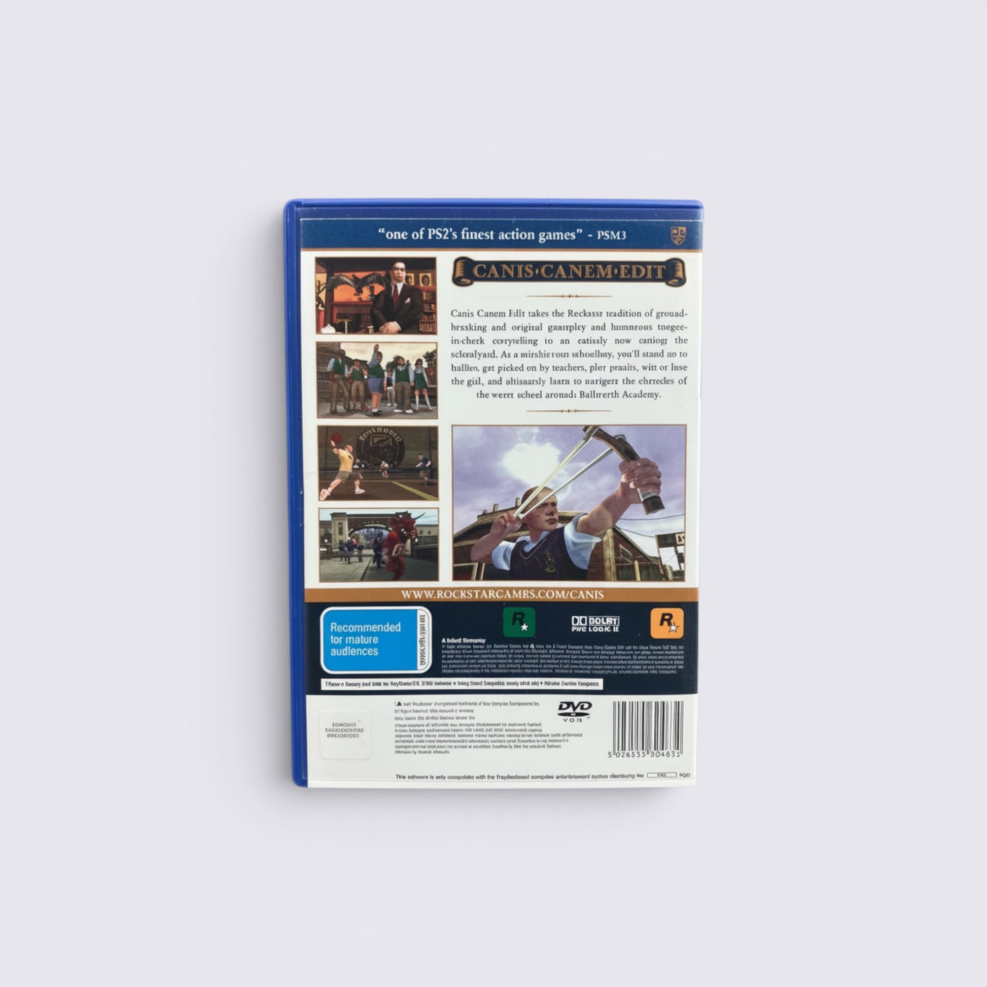 MrPixel Canis Canem Edit PS2 game back cover showing gameplay screenshots, game description, and rating information.