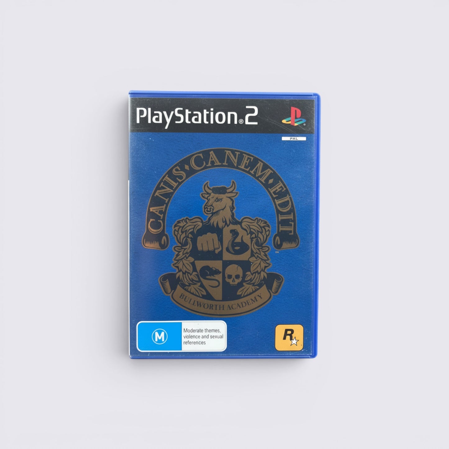 MrPixel Canis Canem Edit PlayStation 2 game case featuring the Bullworth Academy crest on a blue background