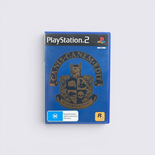 MrPixel Canis Canem Edit PlayStation 2 game case featuring the Bullworth Academy crest on a blue background
