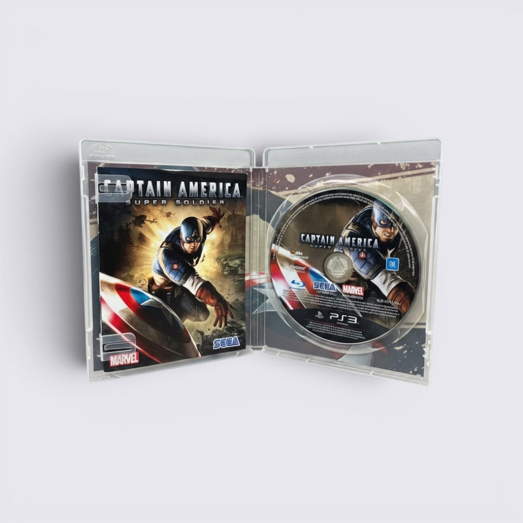 MrPixel Captain America: Super Soldier PS3 game case open with disc and cover art featuring Captain America