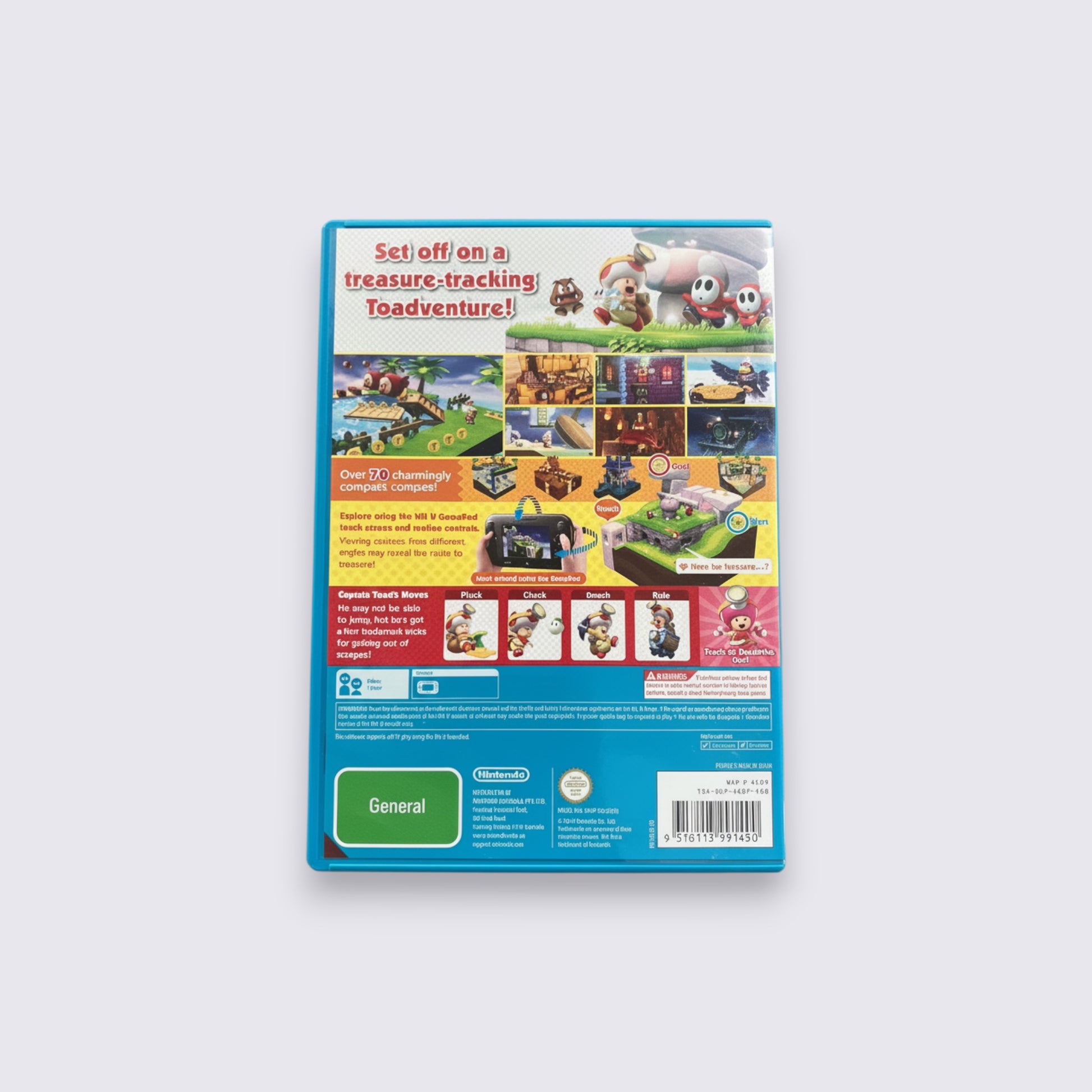 MrPixel back cover of Captain Toad: Treasure Tracker for Wii U featuring diorama puzzle gameplay and character moves.
