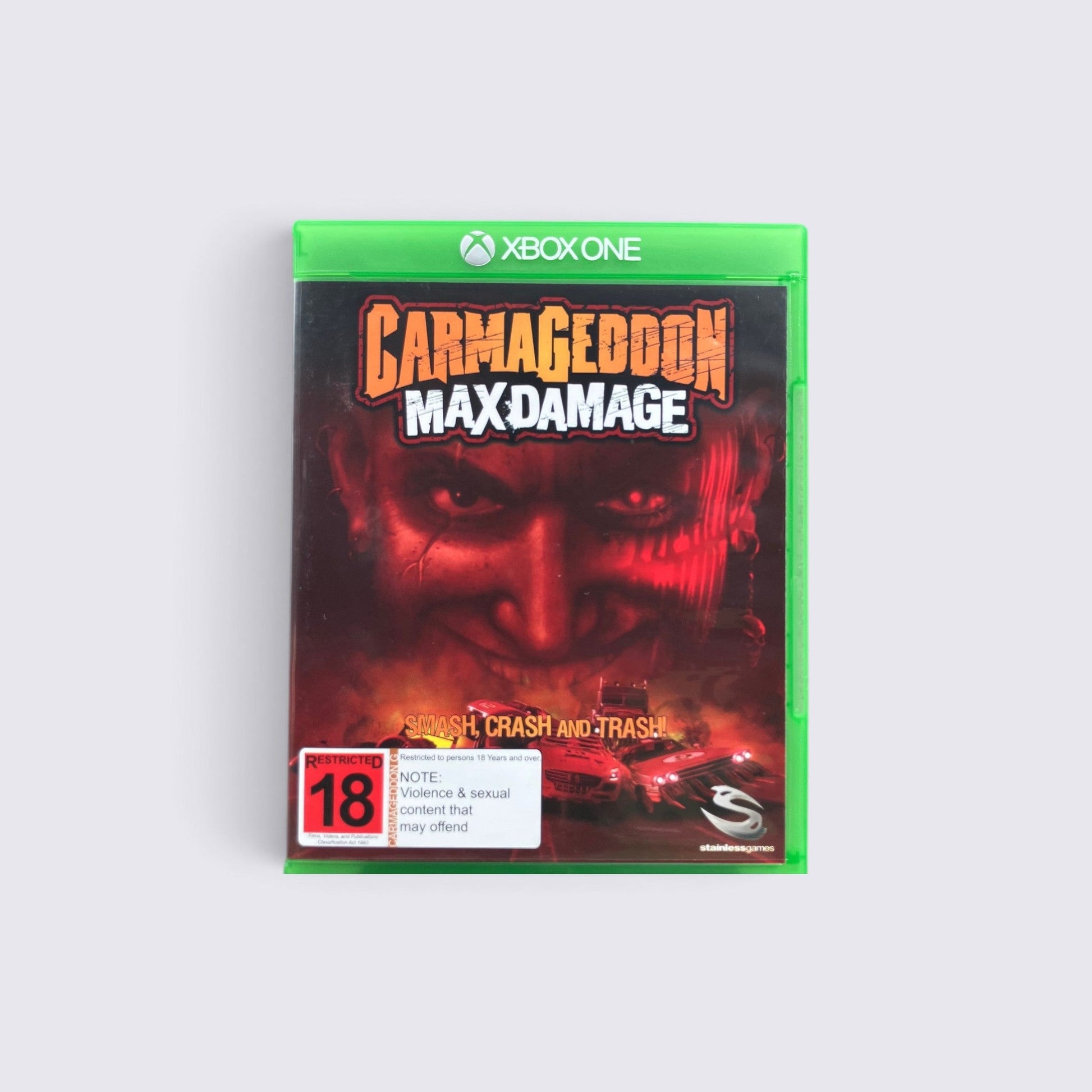 MrPixel Carmageddon: Max Damage Xbox One game case featuring a red demonic face and chaotic racing artwork.