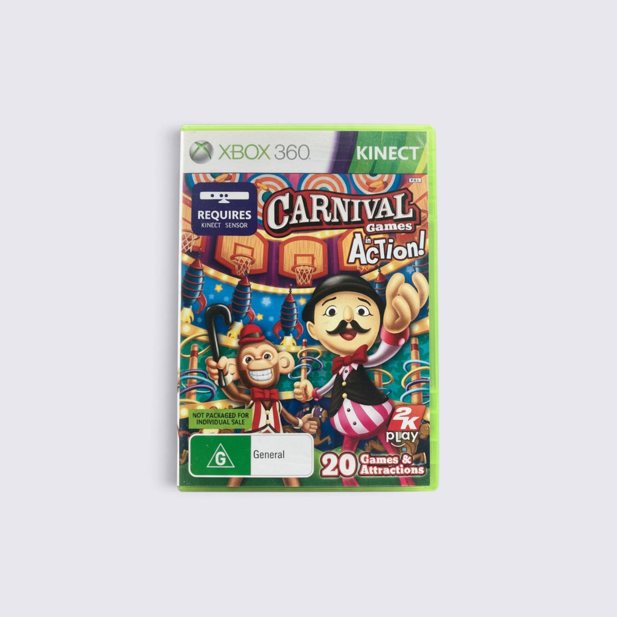 MrPixel Carnival Games: In Action! Xbox 360 game case featuring colourful carnival artwork and Kinect branding
