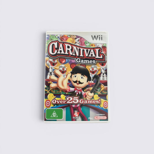 MrPixel Carnival Games video game for Nintendo Wii featuring a ringmaster character on the cover art