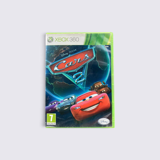 MrPixel Cars 2 video game for Xbox 360 featuring Lightning McQueen and Mater on the cover art