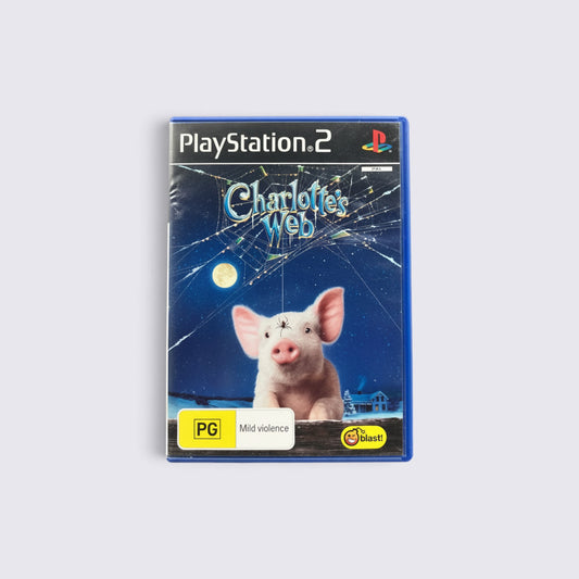 MrPixel Charlotte's Web PlayStation 2 game case featuring Wilbur the pig under a spider web against a night sky.