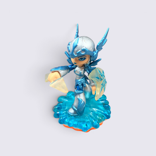 MrPixel Chill Skylander figure in metallic blue armour with an ice shield and spear on a translucent water base