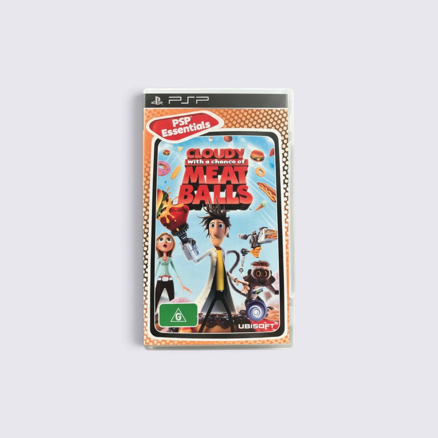 MrPixel Cloudy with a Chance of Meatballs PSP Essentials game case featuring Flint Lockwood and food-themed art.