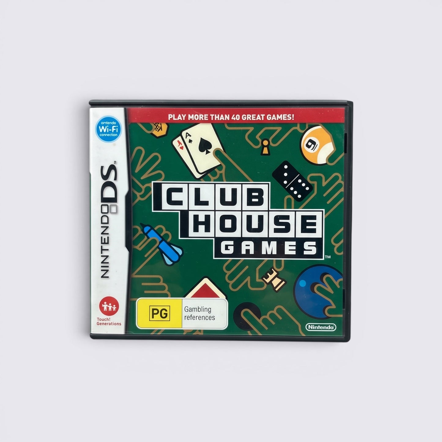 MrPixel Club House Games Nintendo DS case featuring a green background with classic board and card game icons.