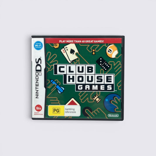 MrPixel Club House Games Nintendo DS case featuring a green background with classic board and card game icons.