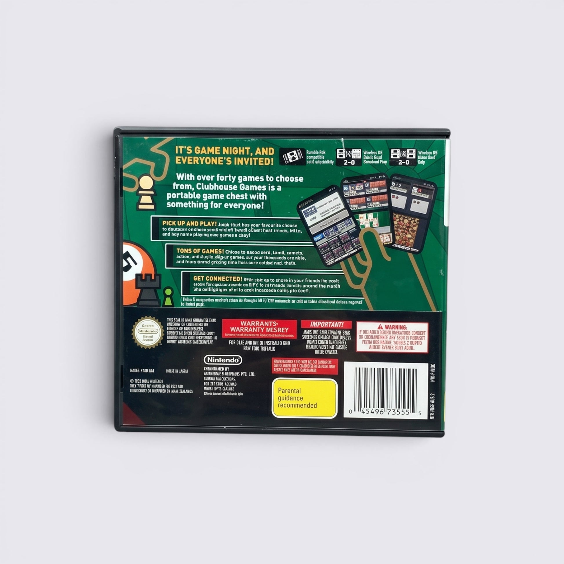 MrPixel Clubhouse Games Nintendo DS video game case back cover featuring game details and screenshots