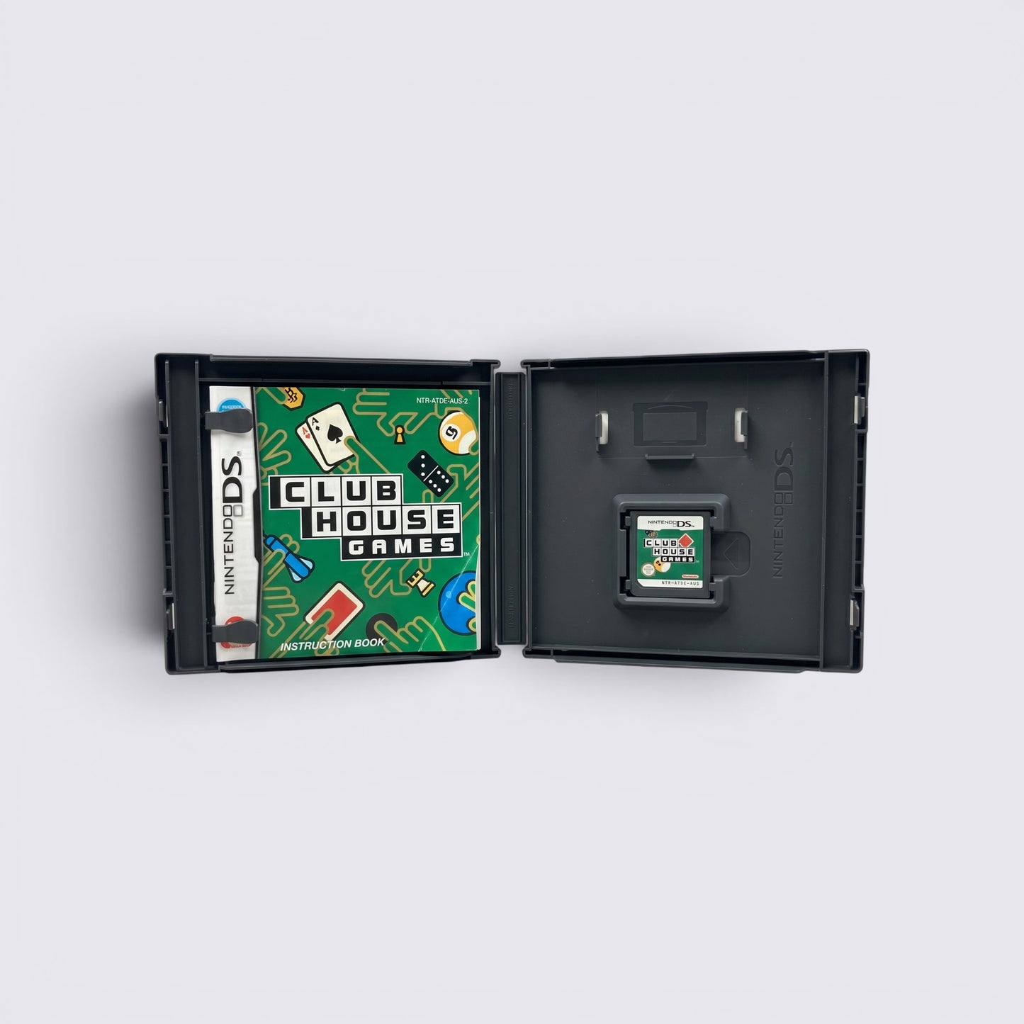 MrPixel Clubhouse Games for Nintendo DS with instruction manual and game cartridge inside the open plastic case.