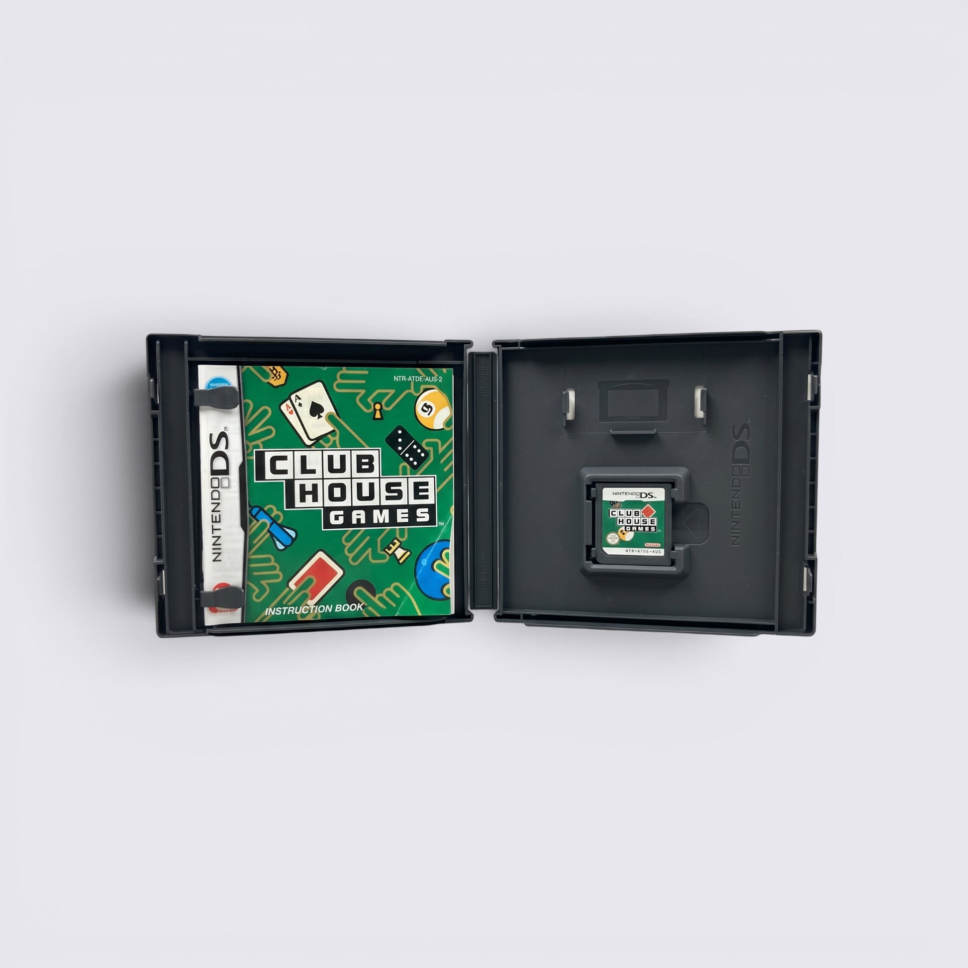 MrPixel Clubhouse Games for Nintendo DS with instruction manual and game cartridge inside the open plastic case.