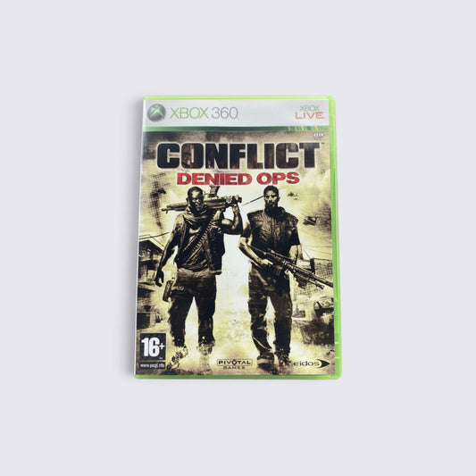 MrPixel Conflict: Denied Ops Xbox 360 game case featuring two tactical operatives in a gritty war-torn setting.