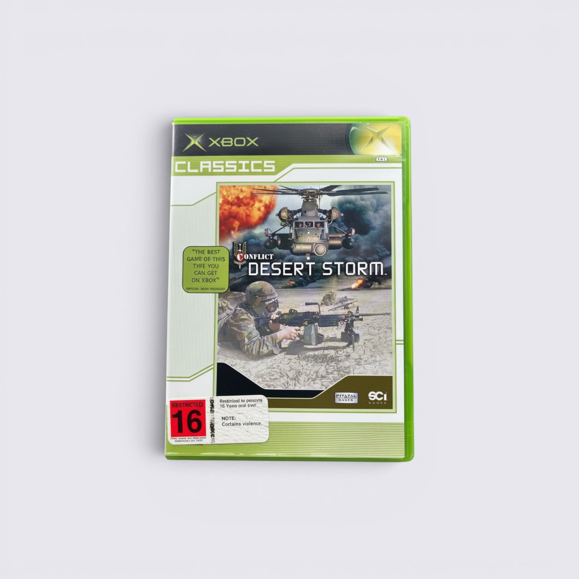 MrPixel Conflict: Desert Storm Classics Xbox game case featuring military combat art with a helicopter and soldier.