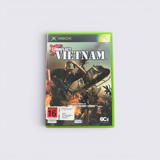 MrPixel Conflict: Vietnam Xbox game case featuring soldiers and a helicopter in a jungle combat scene.