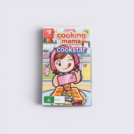 MrPixel Cooking Mama Cookstar Nintendo Switch game case featuring Mama with a sandwich and pink smartphone