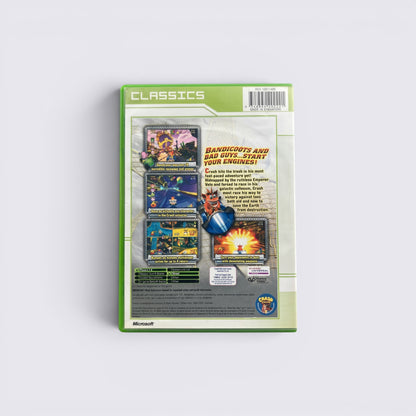 Back cover of MrPixel Crash Nitro Kart Classics game case showing gameplay screenshots and character details.