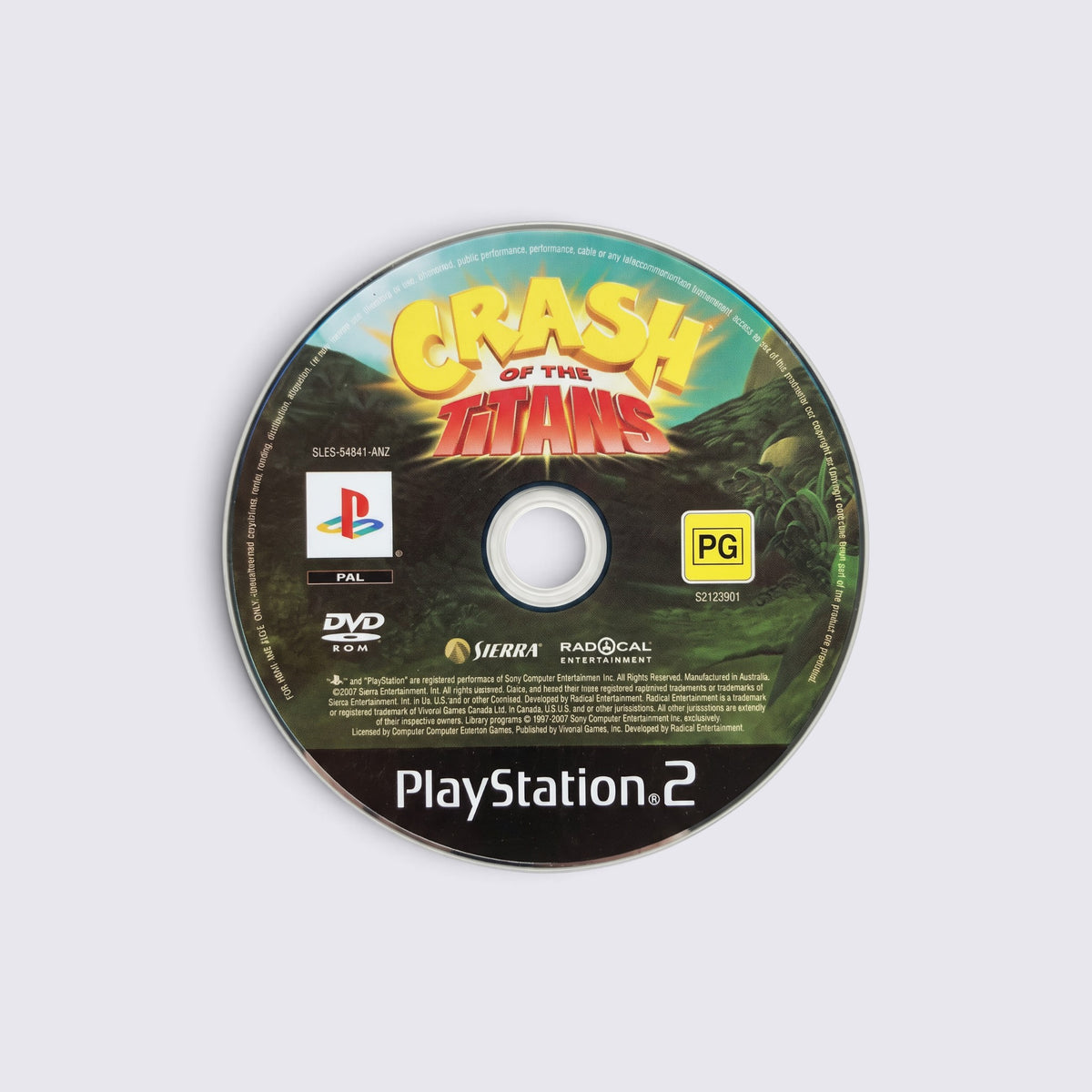 MrPixel Crash of the Titans PlayStation 2 game disc featuring colourful logo and PG rating on a white background