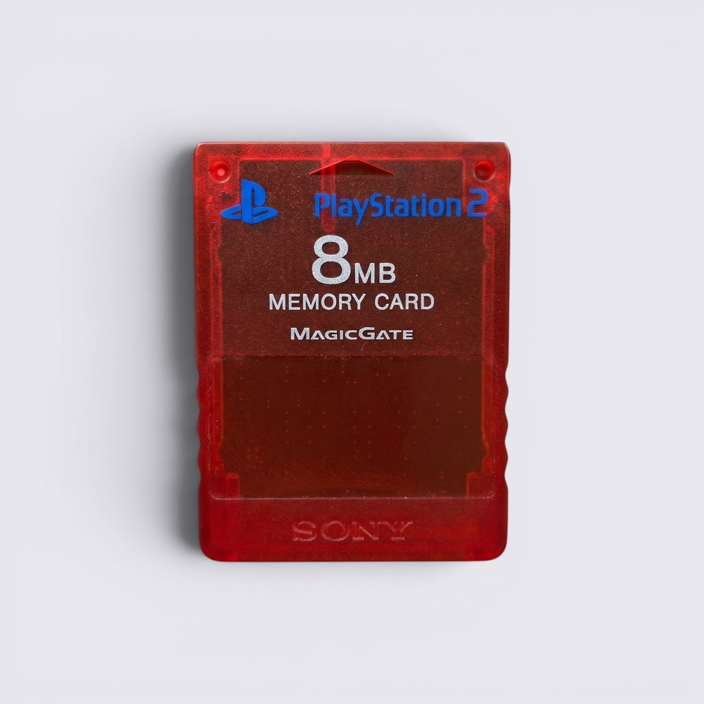 MrPixel crimson red 8MB PlayStation 2 memory card with MagicGate technology for game save storage.