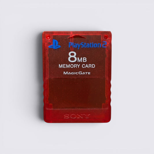 MrPixel crimson red 8MB PlayStation 2 memory card with MagicGate technology for game save storage.