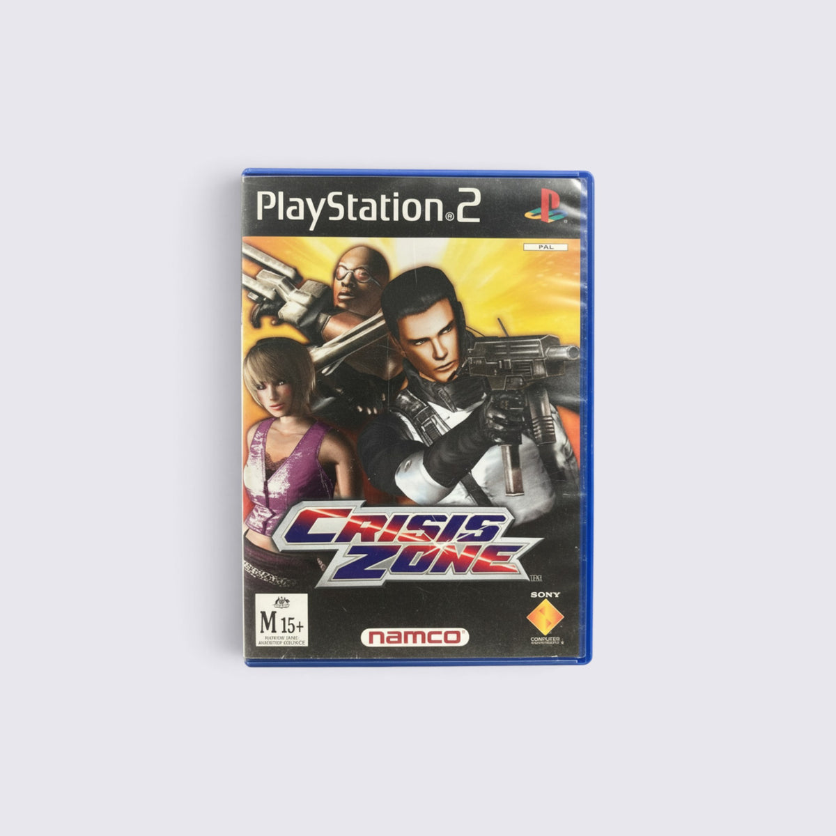 MrPixel Crisis Zone PlayStation 2 game case featuring character artwork and the Namco logo on a light background